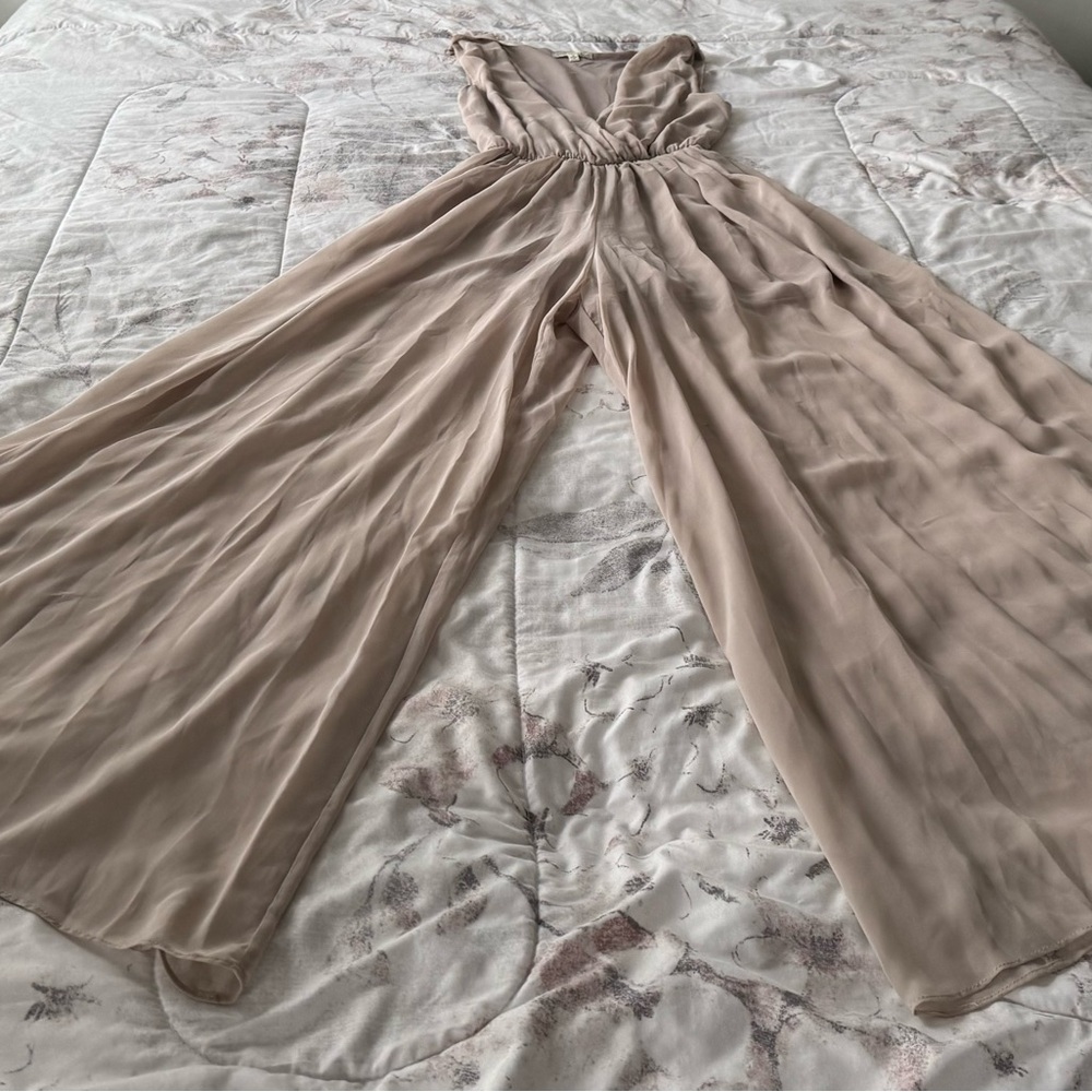 Alythea cream tan wide leg pleated top sheer jumpsuit, size S party event boho